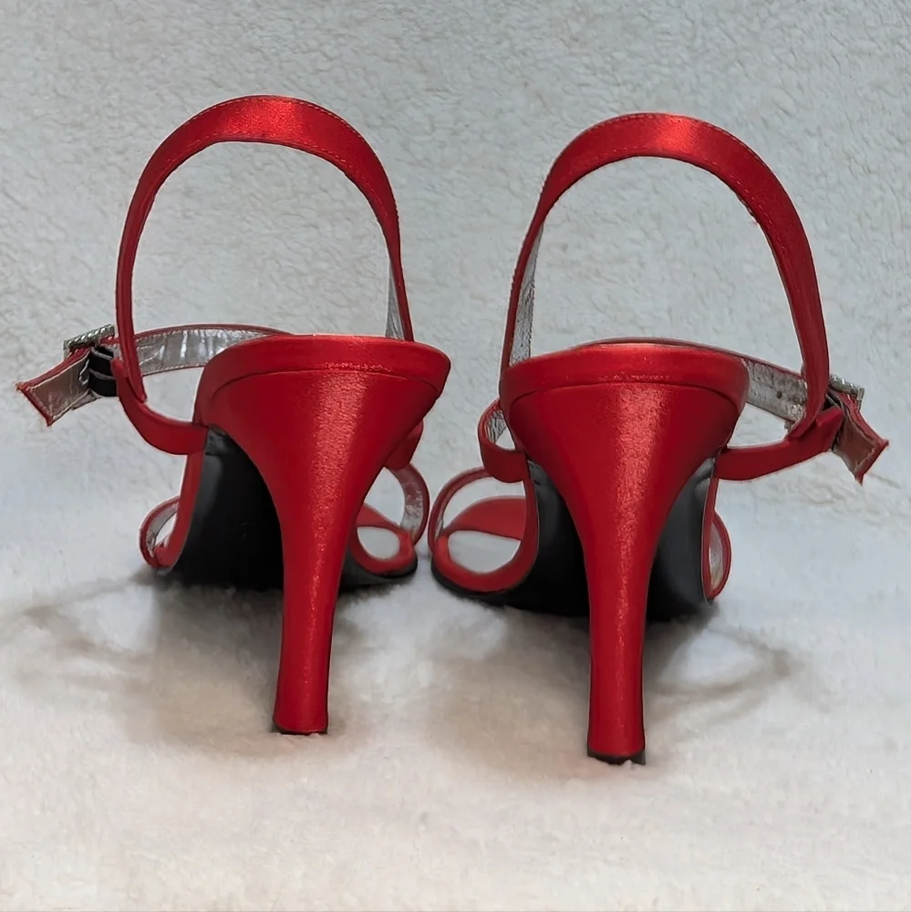 Charles Jourdan Paris Scarlet Red Satin Heels Rhinestone Square Buckle Womens 10 - Picture 6 of 12